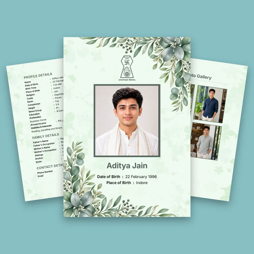 Simple Jain biodata template with a pale green leafy border, centered male profile photo and clean marriage biodata layout