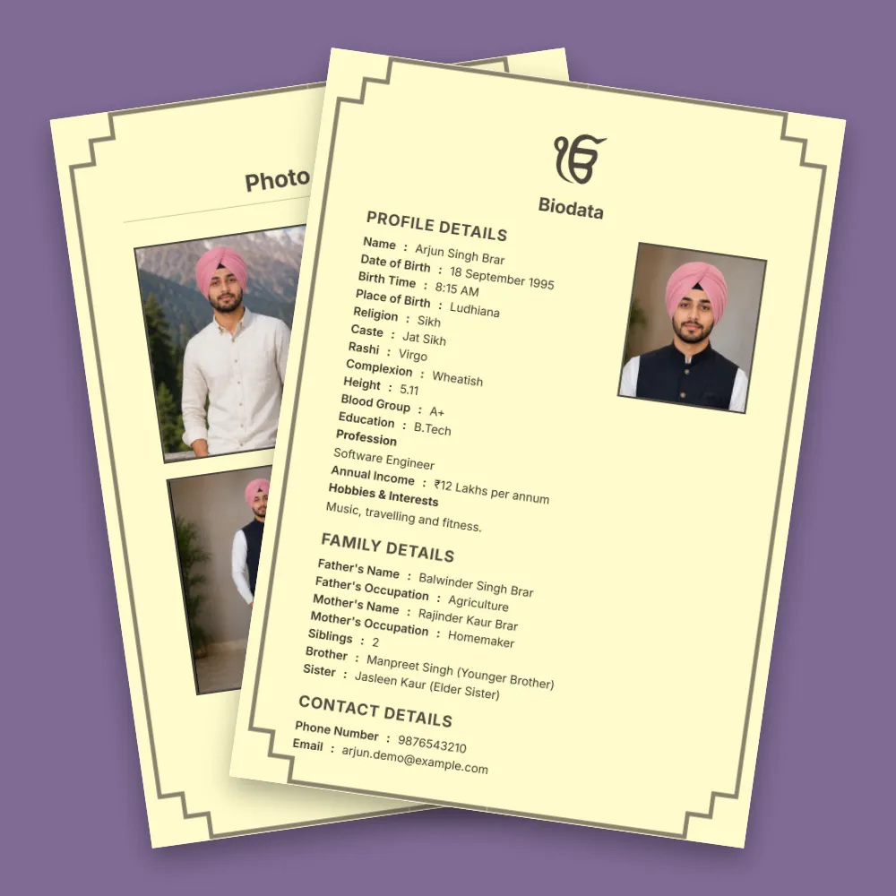 Punjabi boy biodata format with a cream background, decorative border, Sikh symbol, profile photos and structured matrimonial information
