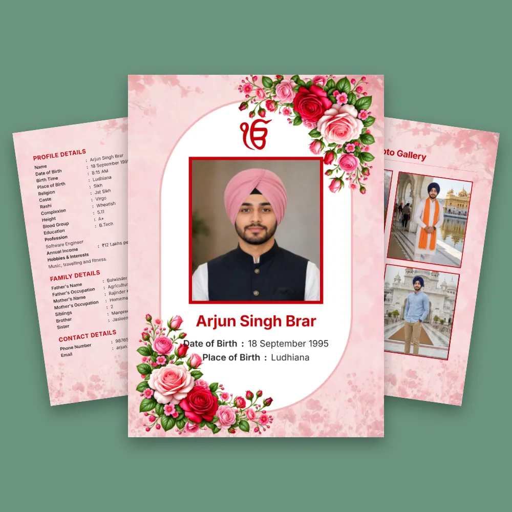 Punjabi boy marriage biodata template with pink floral decorations, Sikh symbol, turbaned profile photo and detailed matrimonial profile