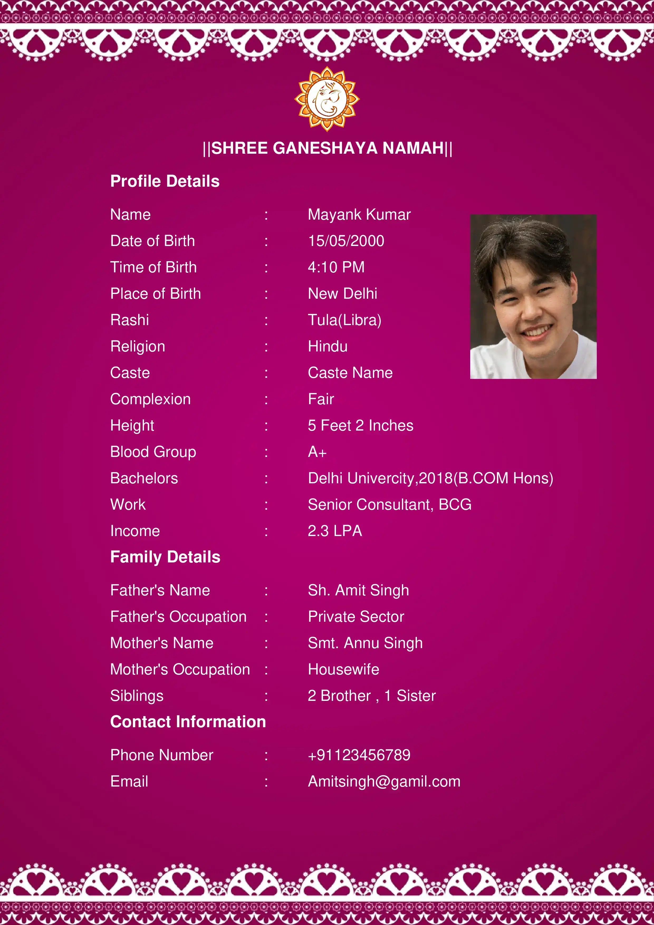 Elegant Hindu marriage biodata template pink