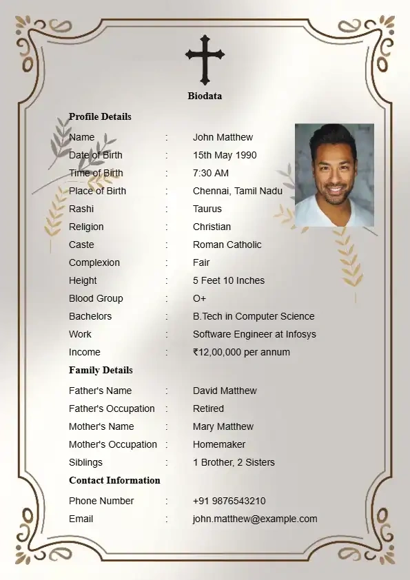 christian marriage biodata format in pdf with divine church and floral border