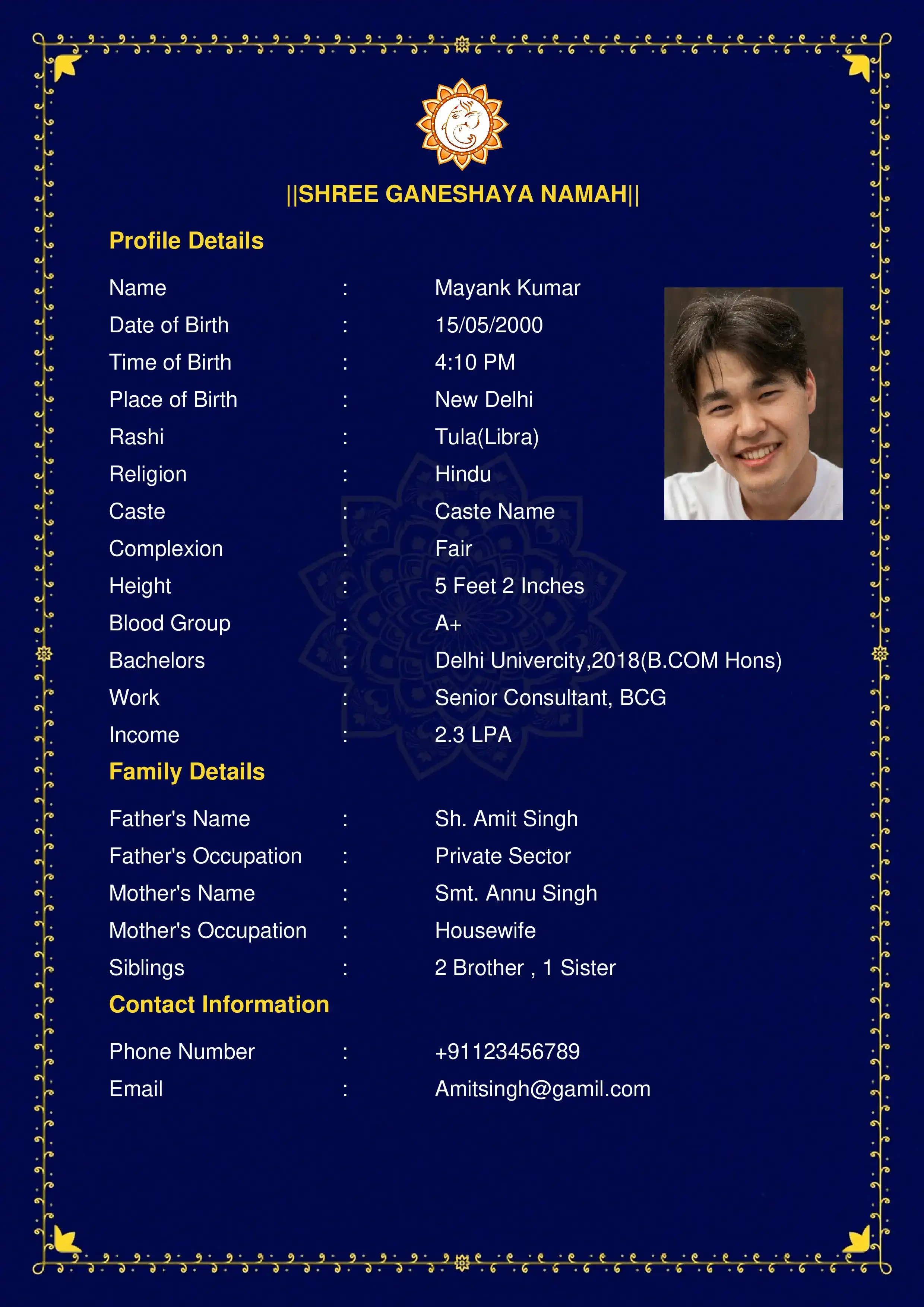 Royal blue Hindu wedding biodata template