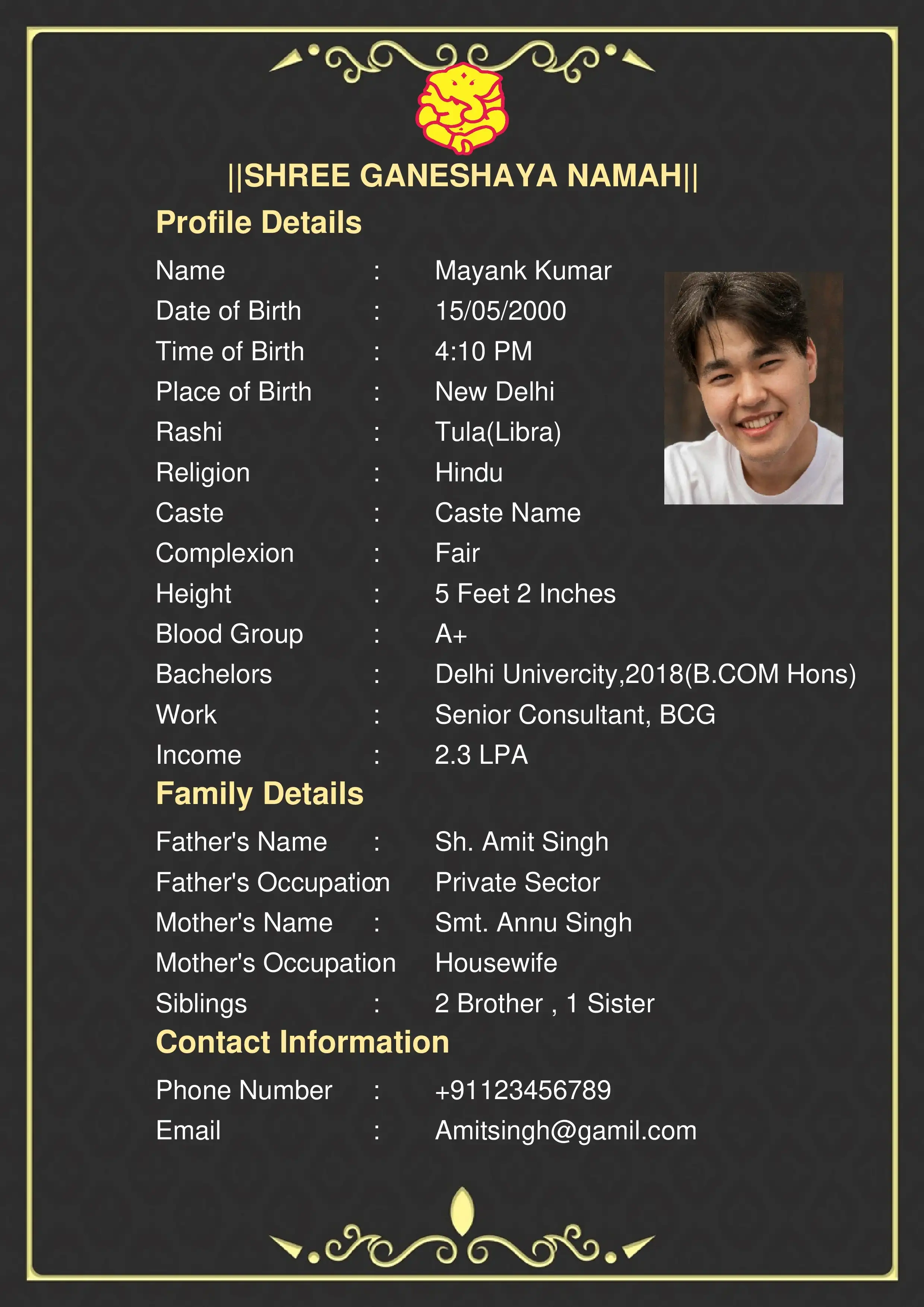 Golden floral Hindu marriage biodata template