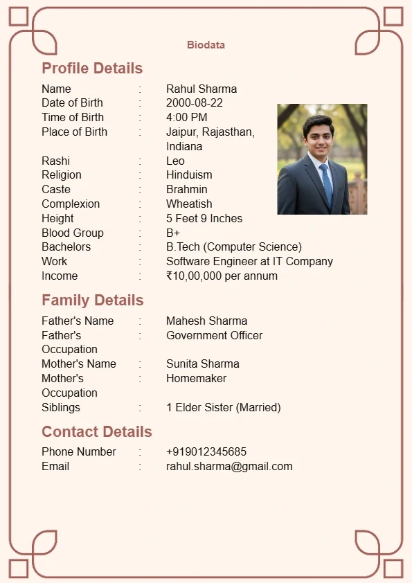 modern corporate marriage biodata format for men in hindi and english