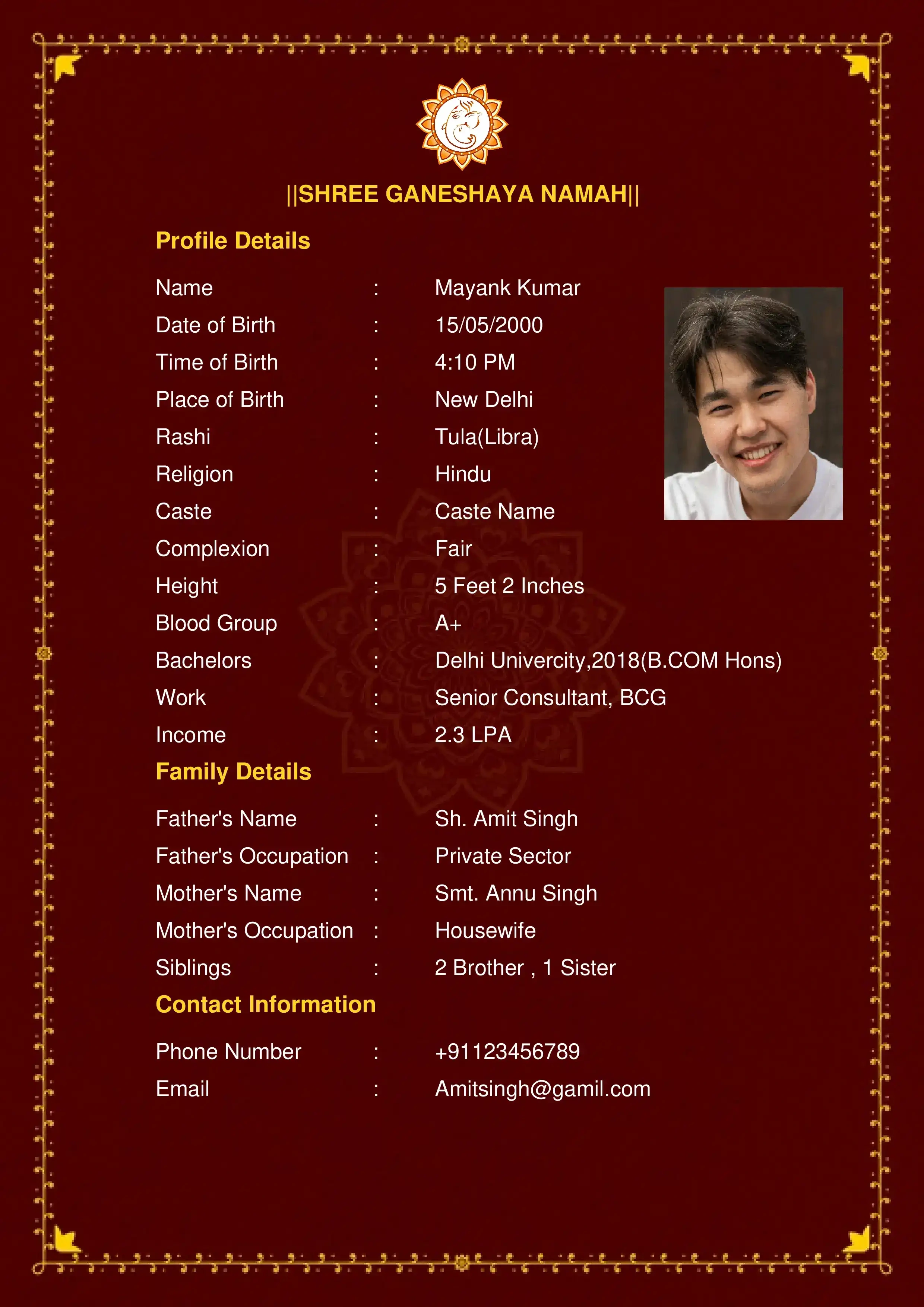 Modern Hindu matrimonial biodata template