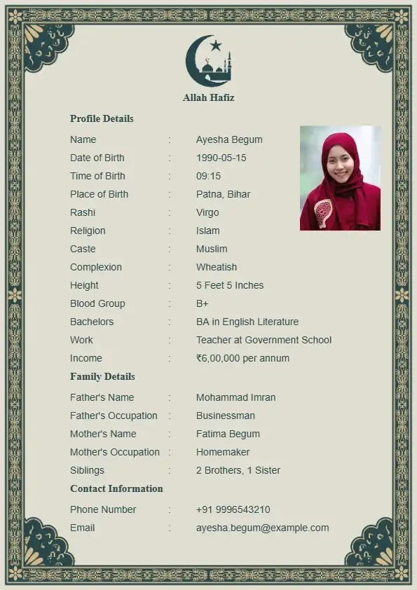 Minimalist Mosque Theme Nikah biodata format with clean white background
