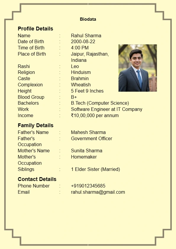 royal golden marriage biodata for boy groom shaadi format