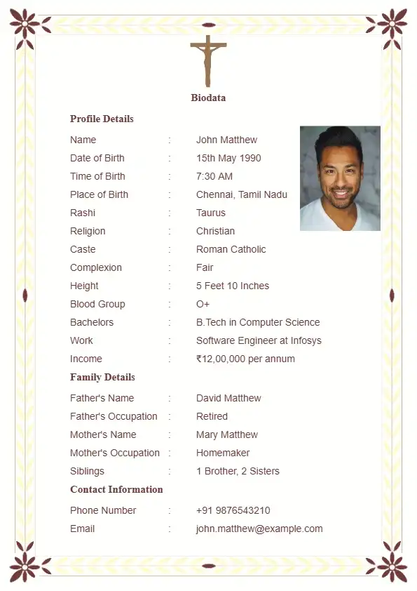 Romantic Christian marriage biodata template