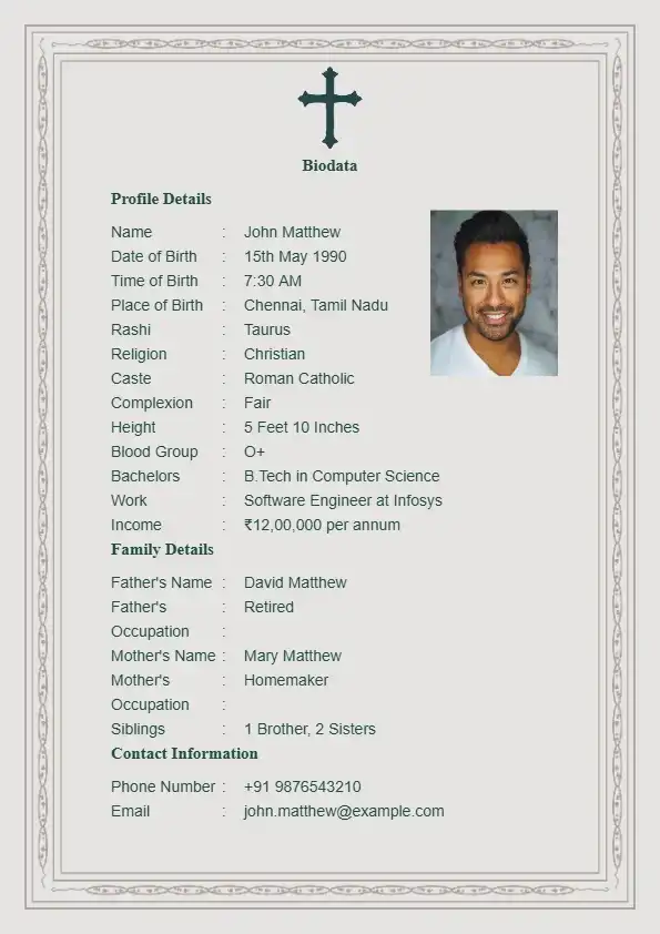 Christian matrimonial biodata with roses