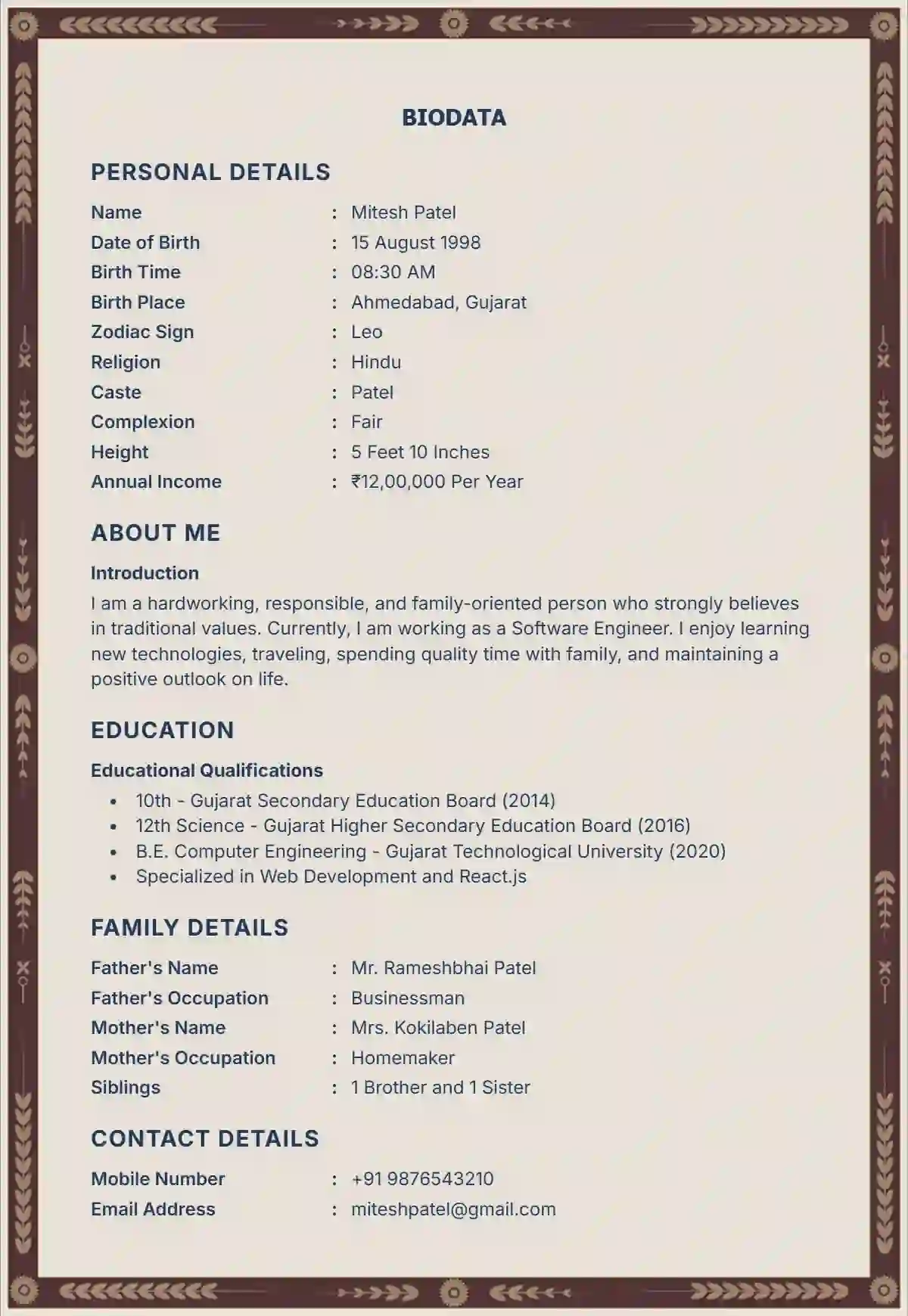 Royal marriage biodata template wooden frame