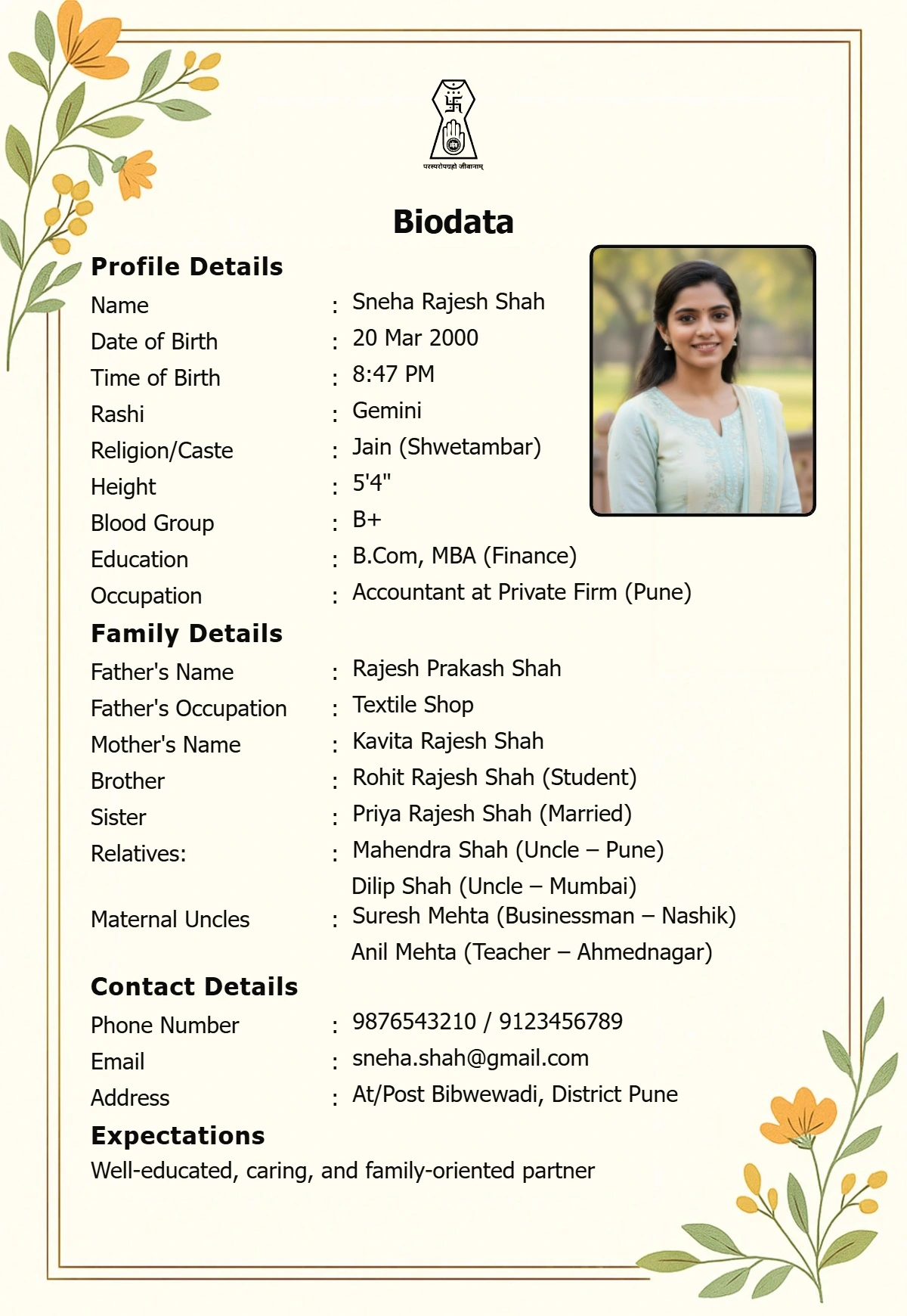 stylish floral jain wedding biodata for girl with pastel rose elements