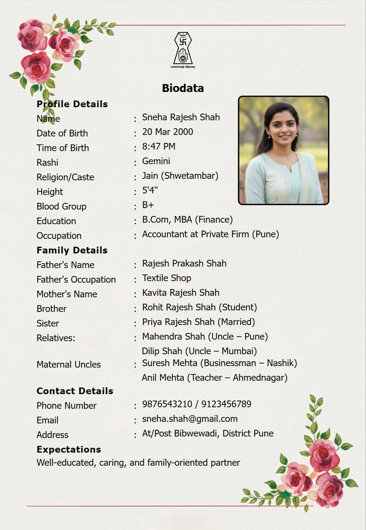 royal golden jain marriage biodata format for girl free download